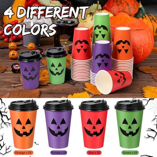 Halloween Paper Cups with Lids 12oz Pumpkin Face Print - 100 Pack