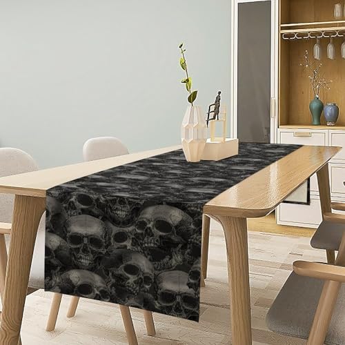 Halloween Skull Table Runner Black Gothic Skeleton for Dining Room - 13x60 in - Variation Skull-8