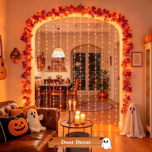 Halloween Curtain Lights - 200 Orange LED String Lights for Indoor Outdoor Decor - Remote Control & Dual Power