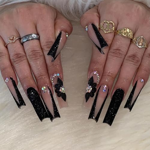 Press on Nails Long Square Black French Tip with Rhinestones - 24 pcs, Variation 11302Black