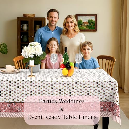 Rosette Bloom Cotton Tablecloth 70x108 Inches - Indian Block Print, Rectangular, Wedding & Party Decor