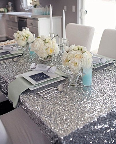 Silver Sequin Tablecloth for Party & Holiday Events 132x90 Inches Rectangular