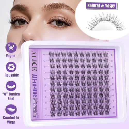 All in One Natural Lash Extensions Kit D45 - Wispy 10-14mm Clusters, Invisible Band, DIY Eyelash Kit