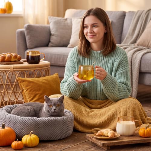 Pumpkin Shaped Glass Coffee Mugs Set - Orange with Spoons, 6 Pack