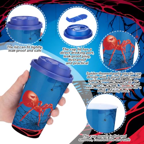 24 Sets Spider Party Cups with Lids & Straws - Reusable 16oz Plastic Party Favors - Halloween & Birthday Decor