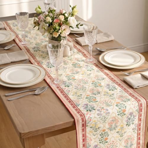 Beige Diamond Plaid Flower Vintage Table Runner 13x72 Inch - Pink/Beige Variation