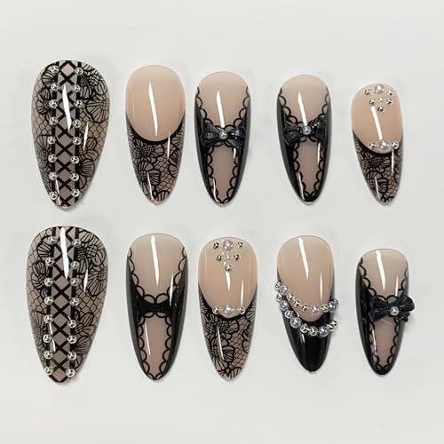 BABALAL Gothic Lace & Pearl Fake Nails - ANE04-04 Medium Almond Press-On 24Pcs