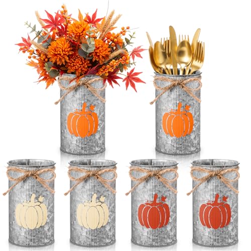 Thanksgiving Fall Pumpkin Vase Set - 6 Rustic Metal Centerpieces with Vintage Design