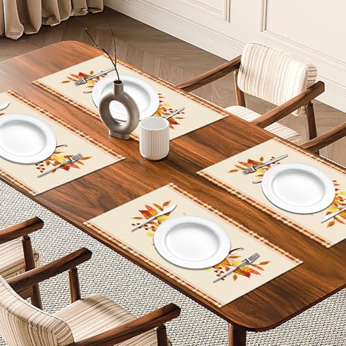 Thankful Fall Placemats Set of 4 - Pumpkin & Maple Leaf Table Decor, 12x18 Seasonal Autumn Tableware, Thanksgiving Kitchen Holiday - Cd-002