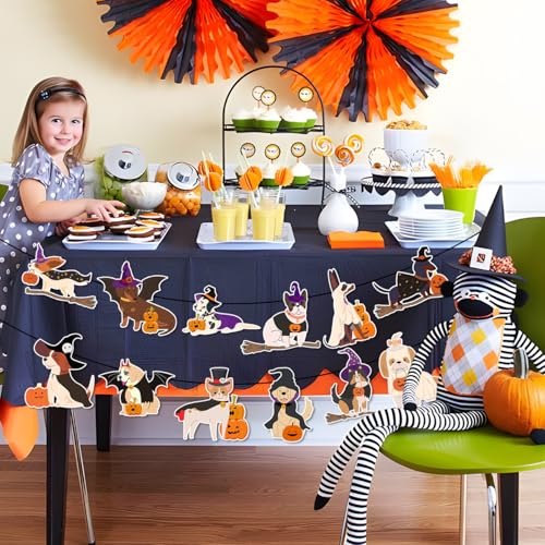 Halloween Dog Decorations Banner with Cute Dogs, Pumpkins & Witch Hats