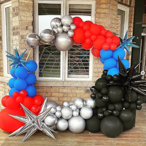 Balloon Set - Red Blue Black 12 Inch Latex Party Balloons with Ribbons - Variation of Black Red Blue
