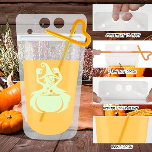 Glow in the Dark Halloween Drink Pouches with Straws - Spooky Party Decorations, 36 Pack