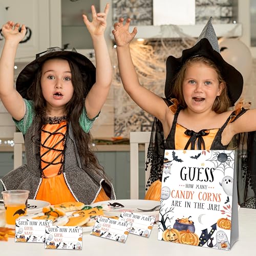 Halloween Candy Corn Jar Guessing Game Sign with 50 Cards - Spider Web Variation
