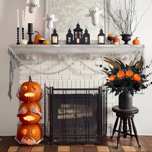 Halloween Artificial Flower Stems - 14pcs Black Halloween Decor for Vase, Table, Room, Indoor Party - Black