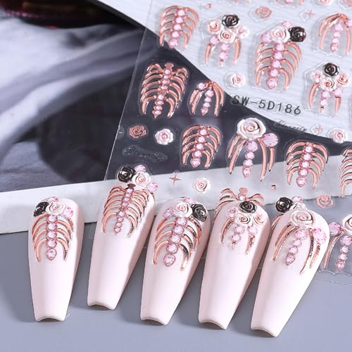 Halloween Nail Stickers 5D Embossed Skull Rose Skeleton Hand Ribs Decor - Rose Skull Variation