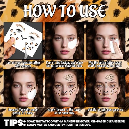 Halloween Leopard Face Paint Tattoos & Black Face Gems - Variation of Leopard Face Tattoos