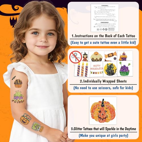 Halloween Glitter Temporary Tattoos for Kids - 50 Sheets Partywind