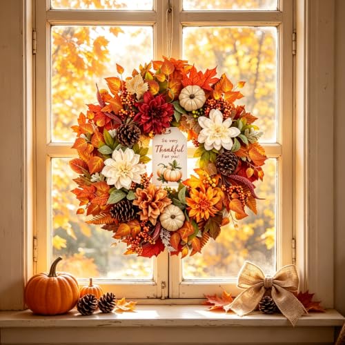 Fall Wreath for Front Door with Pumpkins Dahlias Pinecones Wood Sign - 24 Inch