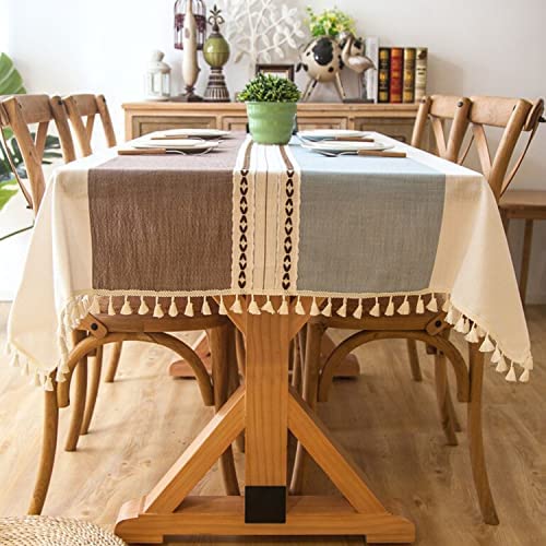 Rectangular Cotton Linen Tablecloth 55x55 Inches Water-Resistant Striped Rustic Dining Cover - Coffee Blue