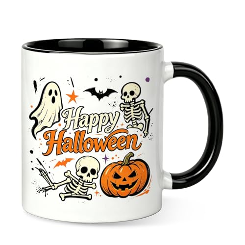Halloween Coffee Mug with Ghost Skeleton Pumpkin Bat Design - Happy Halloween Black 11oz
