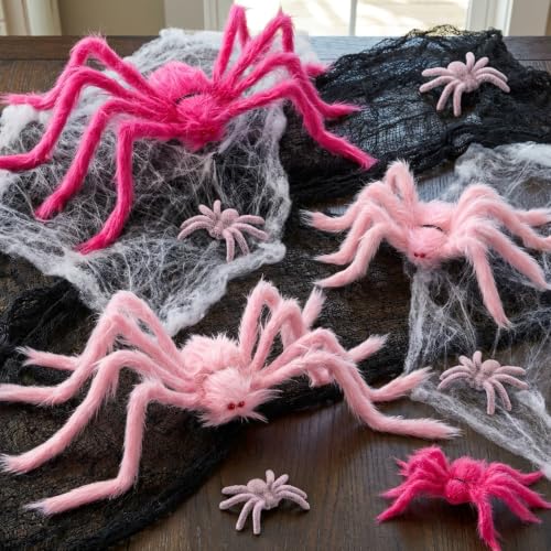 Pink Fuzzy Halloween Spider Decorations Set - Giant & Mini Spiders with Poseable Legs