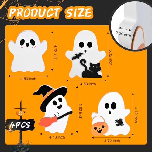Halloween Wooden Decor Set - Ghost and Pumpkin Signs, Ghost C Variation, Indoor Fall & Holiday Table Decorations