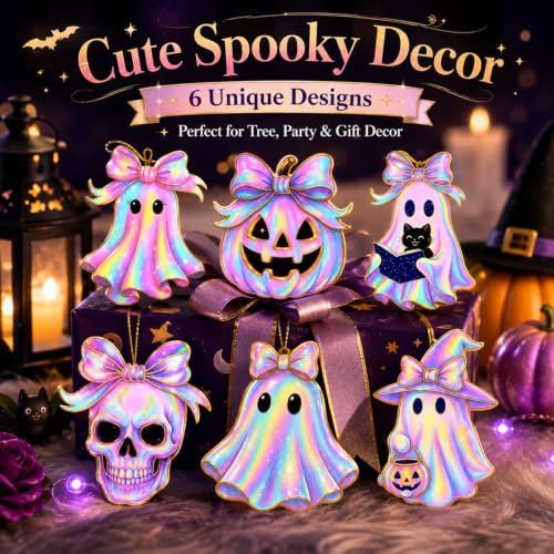 Halloween Hanging Ornaments Set - Pink Ghost Pumpkin Skull Glitter Bow Decorations - Style 6