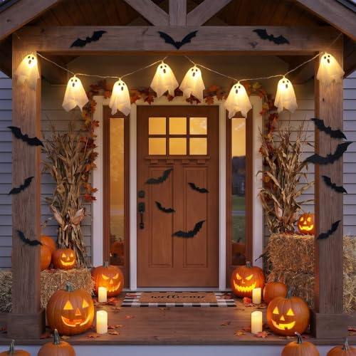 Halloween Ghost String Lights with 3D Bat Decorations - 9 ft Indoor Outdoor Decor