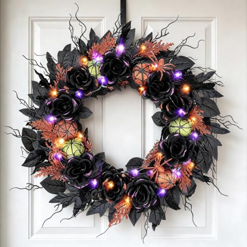 22-Inch Pre-Lit Halloween Wreath with 60 LED Lights for Front Door Decor