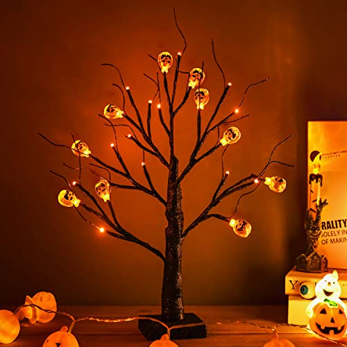Lighted Halloween Tree with Pumpkin Ornaments - Black Spooky Bonsai Decor, 18 Inch Indoor Tabletop Decoration