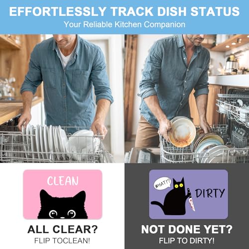 Pink Cat Dishwasher Magnet - Reversible Black Cat Clean Dirty Sign, Kitchen Refrigerator Reminder