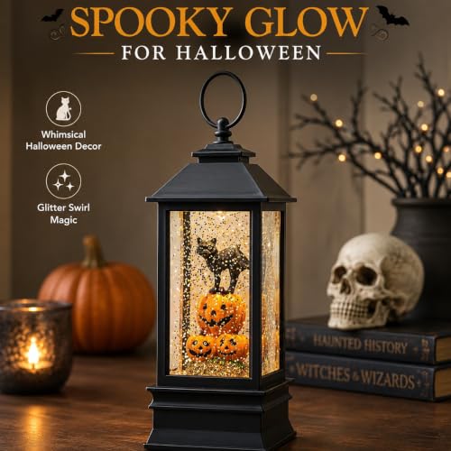 Halloween Snow Globe Lantern with Witch's Black Cat in Pumpkins - Spooky Music & Glitter, USB/Battery Operated - 10 Inch - Variation: Black Cat in Pumpkins
