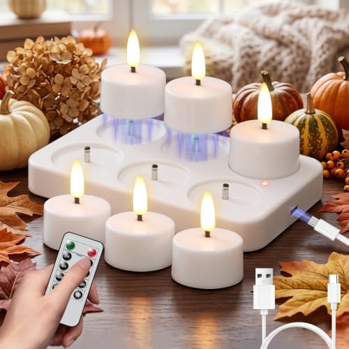 Rechargeable Tea Lights Candles with Remote & Charging Base - White 6-Pack