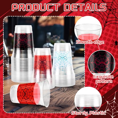 Red Blue Spider Web Plastic Cups 16oz - Birthday Party Decoration, 60 Pack