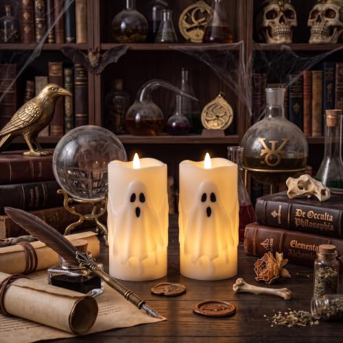 Ghost Flameless Candles with Remote Timer - 2PCS Halloween Decor