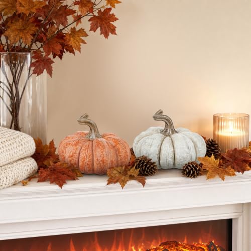 White Orange Fall Decor Set of 2 Artificial Resin Pumpkins - Autumn Home Accent