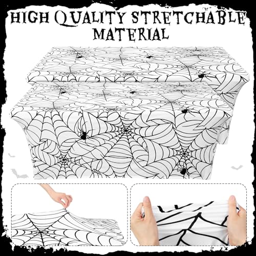 Halloween Spiderweb Tablecloth 6ft White Stretch Cover — 2 Pack, Spiderweb Design, Reusable
