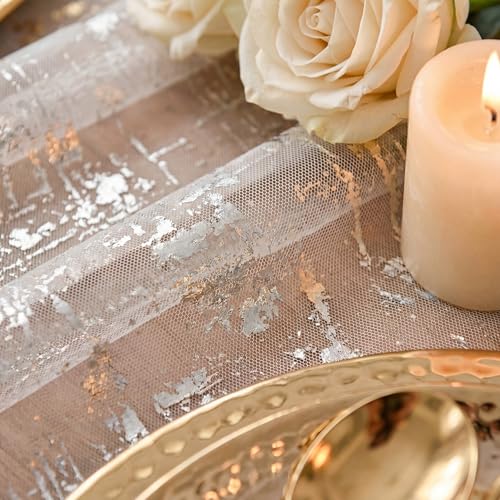 28x120 Inch White Silver Gauze Table Runner - Sheer Glitter for Wedding & Event Decor