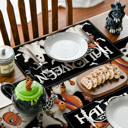 Halloween Ghost Boo Placemats Set of 6 - 12x18 Inch Rectangular Black