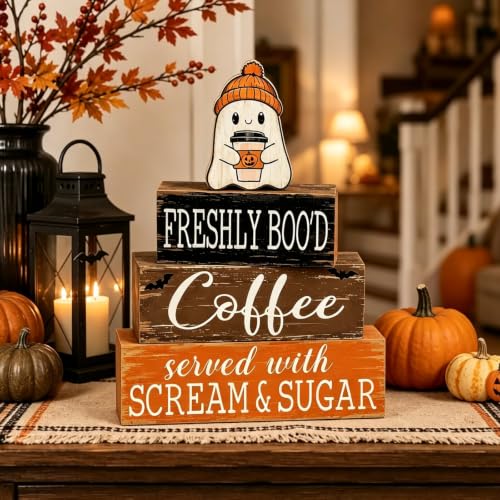 Halloween Ghost Coffee Table Decor Set - Wooden Bar Sign 4 Pcs