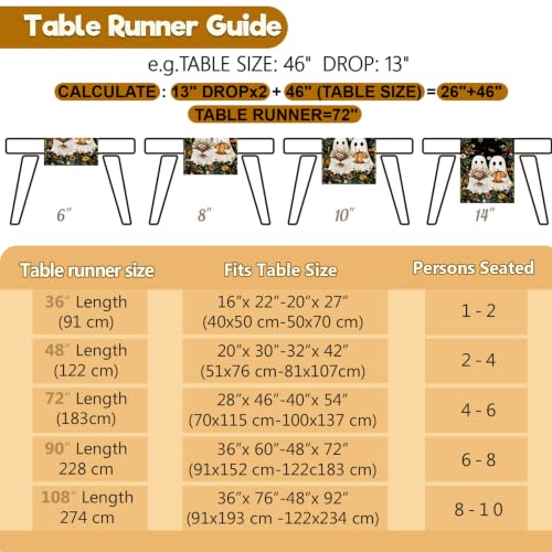 Halloween Ghost Table Runner - 13x90 Inches Fall Decor with Pumpkins & Ghosts, Variation of Two Cute Ghosts