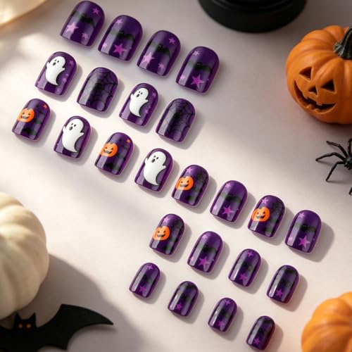 Halloween Short Square Press On Nails Set - Black Purple Ghost Pumpkin Bat Style85
