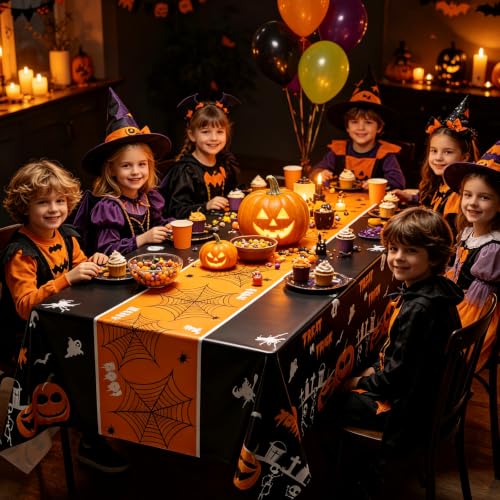 Halloween Tablecloth 12 Pack - 54x108 Inch Leakproof Plastic Cover - Pumpkin Ghost Variation