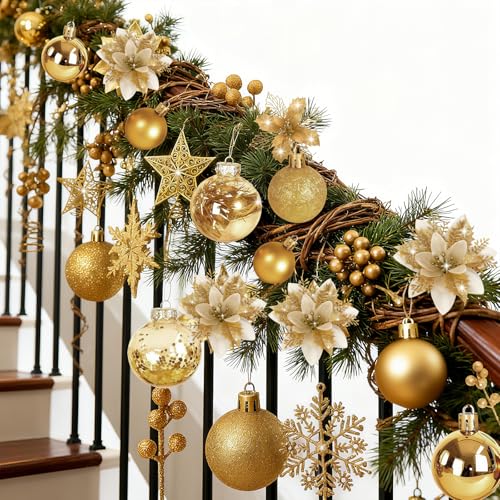 Gold 76-Piece Christmas Tree Decorations Set Holiday Ornaments & Poinsettia Flowers