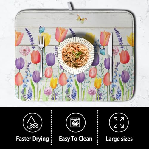 Spring Tulip Floral Dish Drying Mat - Reversible Watercolor Kitchen Counter Protector 18x24 Inch