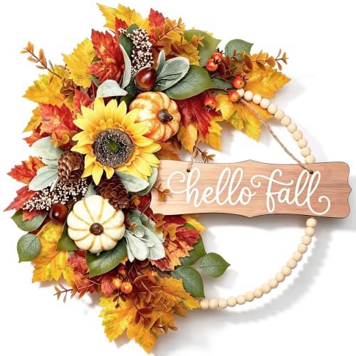 20 Inch Fall Wreath with Wooden Beads and Autumn Decorations - Front Door Decor