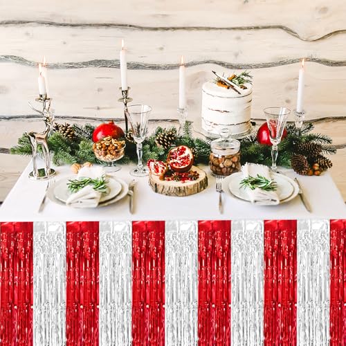 Red Silver Foil Fringe Table Skirt Set - 2 Pack, 29.5x108 Inches, Party Decorations