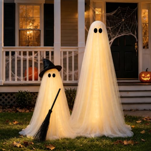 Large Ghost Halloween Outdoor Decoration with Light-Up Spooky Broom - 2 Pack