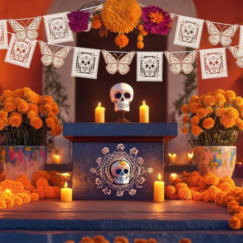 White Papel Picado Banner for Day of the Dead Decorations - 6 Pack, 7 ft