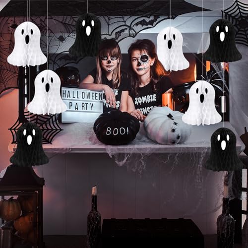 Halloween Ghost Decorations - 10 Black and White Honeycomb Hanging Decor